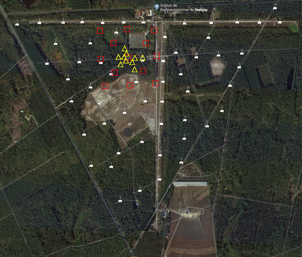 The map of the main CODALEMA facilities in Nançay. Red squares: scintillators, yellow triangles: Compact Array, white symbols: autonomous stations.